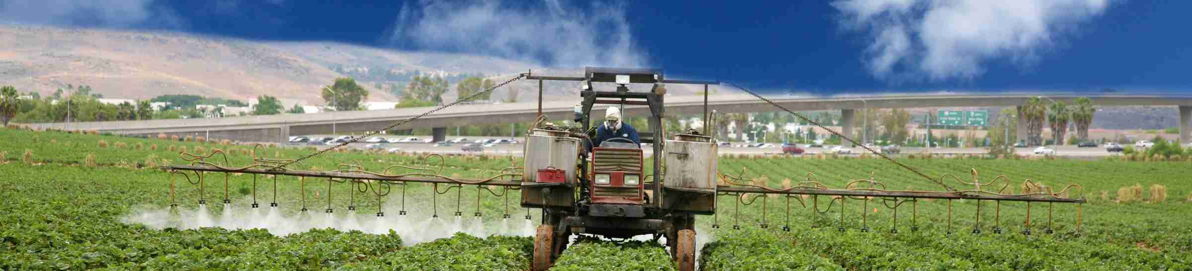 A Crop Sprayer, busy spraying Strawberry Fields with Insecticide in Orange County California. Strawberries are a vital cash crop in Southern California, they grow fast and are very tasty.